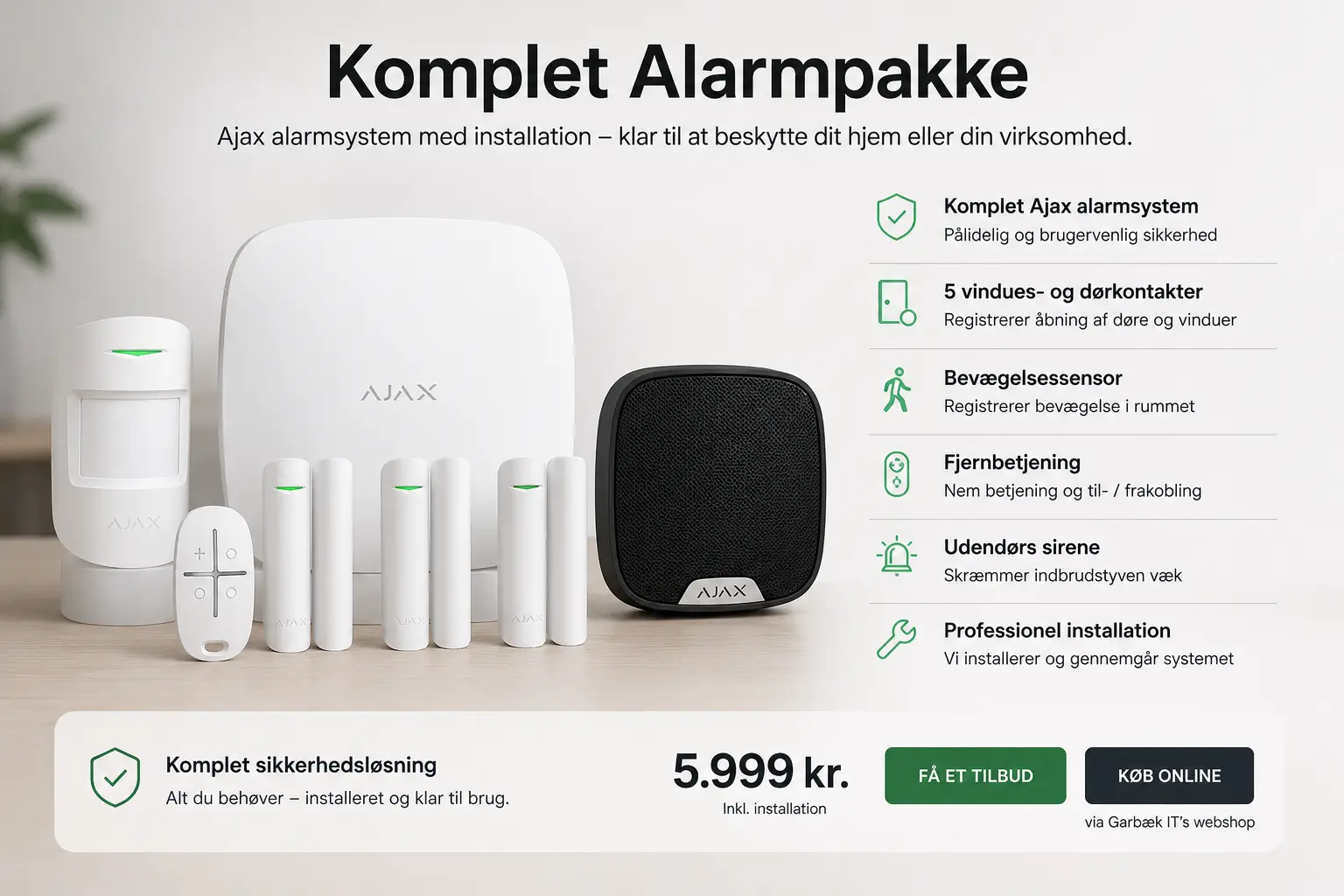Komplet Ajax alarmsystem med dørsensorer, bevægelsessensor, udendørs sirene og professionel installation